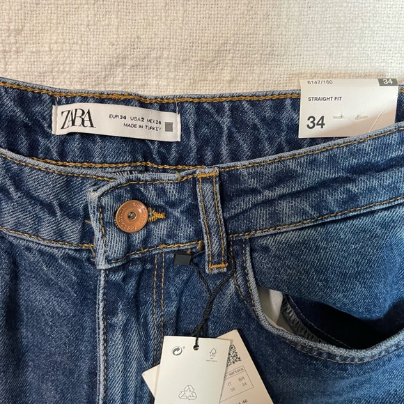 NWT Zara Straight Fit Super High Rise Long Length Rigid Dark Blue Jeans - Picture 11 of 11